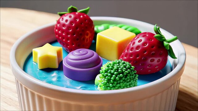 Brightly colored stylized food shapes including strawberries and broccoli floating in blue liquid within a white bowl