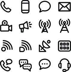 Collection of communication and technology icons on white background phone