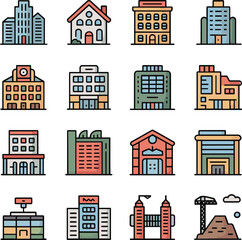 Collection of flat design building icons in various styles and colors architecture