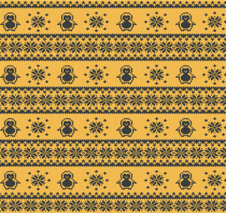 Seamless knitted pattern with cute penguins and intricate snowflakes on a warm yellow background, perfect for winter holiday designs. isolated on transparent background