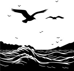 Obraz premium Seagulls soaring over a rough sea with waves crashing against a distant shore