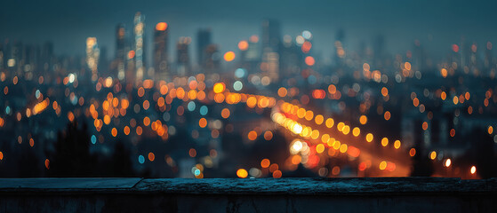 Soft warm bokeh lights illuminate dark rooftop silhouettes in an abstract cityscape at night