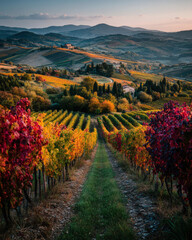 Fototapeta premium Autumn vineyard in Italy with vibrant burgundy, olive, and golden hues