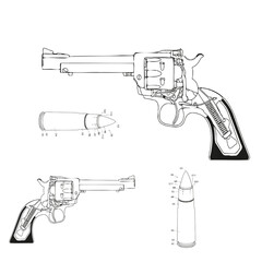 Vintage-style technical blueprint of a revolver and ammunition, showcasing mechanical details and...
