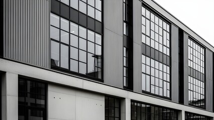 Monochrome modern facade featuring repetitive vertical and horizontal patterns