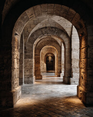 Fototapeta premium Stone archway interior in Paris with textured walls and soft daylight
