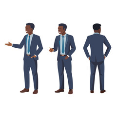 Business concept. Detailed illustration of african american businessman standing in different positions in flat style isolated on white background. Vector illustration.
