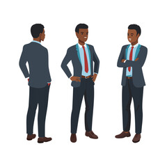 Business concept. Detailed illustration of african american businessman standing in different positions in flat style isolated on white background. Vector illustration.
