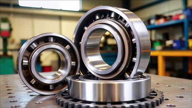 Close up of three metallic ball bearings resting on a textured metal surface in a workshop setting