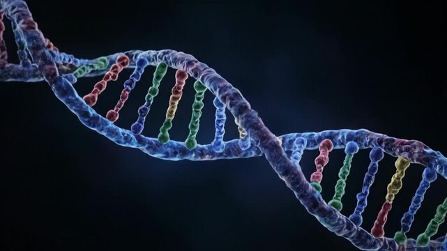 Abstract DNA molecule helix structure on a dark background.