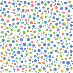 Cheerful Scattered Dots and Floral Shapes Pattern: Lively Abstract Repeat Design with Varying Blue Circles and Tiny Green and Red Blossoms.