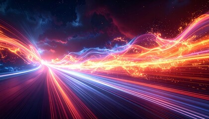 Dynamic, abstract, colorful light trails on a blurred road
