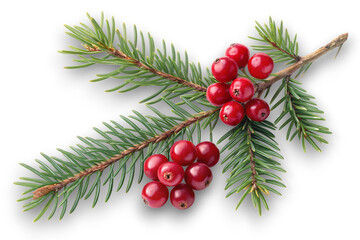 Obraz premium Vibrant red berries cluster on a dark green pine branch creating a festive winter holiday decoration against a stark black background