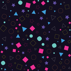 Vibrant Seamless Geometric Pattern with Colorful Squares, Circles, Triangles, and Stars on Dark Background – Modern Abstract Decorative Design for Textiles, Wallpapers, and Graphics
