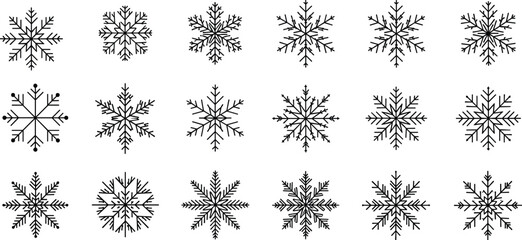 Set of 18 unique black snowflake vector icons on white background for winter decoration, seasonal design, and holiday graphics.