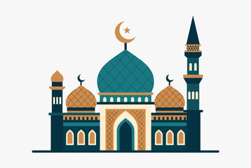 Fototapeta premium Stylized illustration of a mosque with teal domes, golden accents, and minarets, featuring a crescent moon and star on a white background.