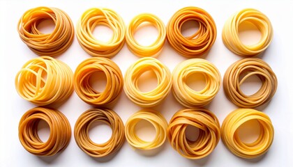 Overhead View of Fifteen Pasta Nests on a White Background