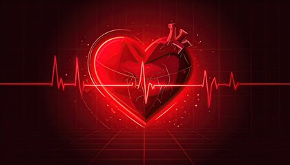 Broken heart with heartbeat line on a red grid