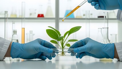 Scientist hands in gloves testing plant growth in a laboratory setting