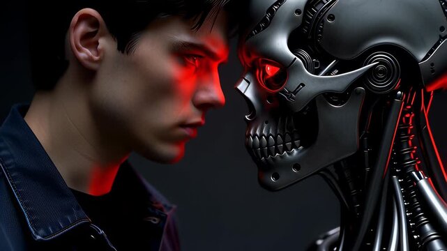 Intense confrontation between a human male and a metallic cyborg skull under red neon lights, symbolizing the conflict of artificial intelligence.