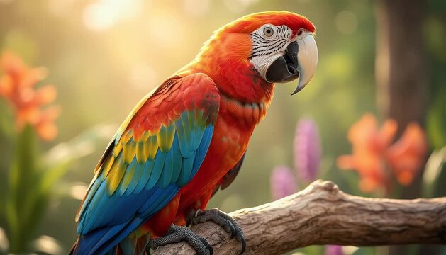 Colorful parrot perched on branch with tropical foliage and sunlight