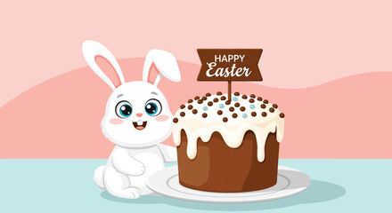 A cheerful white cartoon bunny smiles next to a delicious Easter cake, adorned with white icing, colorful sprinkles, and a 'Happy Easter' sign.