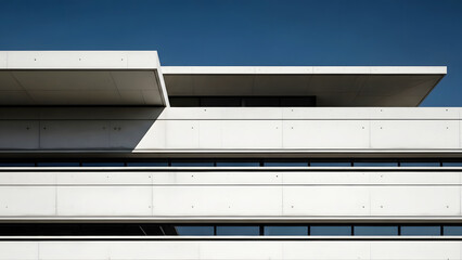 Obraz premium White concrete building facade with horizontal windows against blue sky architecture