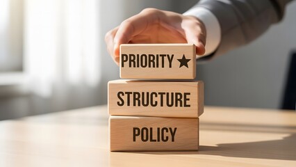 Policy structure and priority concept written on three stacked wooden blocks on a business table