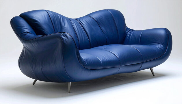 Modern blue leather sofa on a white background, studio shot - Powered by Adobe