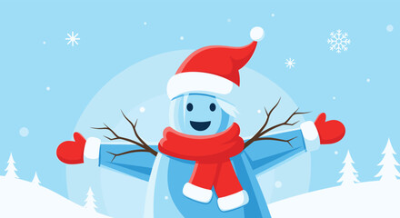 A cheerful, stylized ice snowman character in a red Santa hat, scarf, and mittens smiles happily in a serene snowy winter landscape with falling snowflakes.