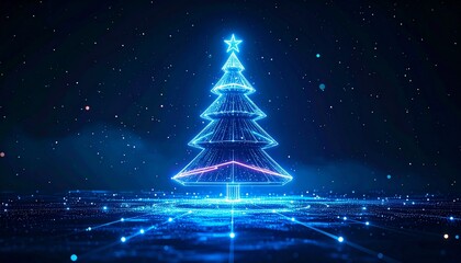 Abstract Digital Christmas Tree with Glowing Lights on Dark Background