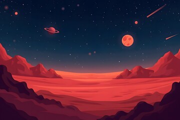 Fototapeta premium simple cozy Mars surface landscape. illustration of night alien planet red desert in cosmos