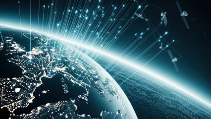 Global network connections across the planet illuminated by satellite technology