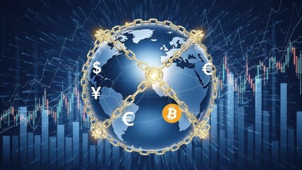 Dynamic representation of global digital finance and secure economic interconnectedness, featuring an earth with currency chains over market data charts