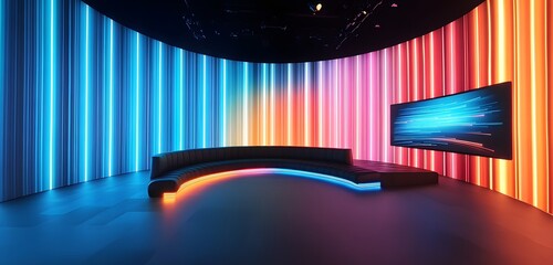 Modern futuristic exhibition space with curved seating and a large screen display illuminated by vibrant vertical led light panels in a spectrum of colors