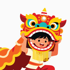 Cute Kid Performing Lion Dance Illustration