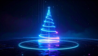 Abstract Illuminated Christmas Tree Against Dark Blue Background with Circular Light and Falling Sparkles