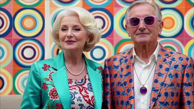 Stylish mature couple standing against a vibrant colorful background of concentric circles