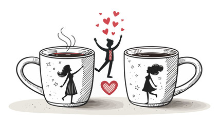 Romantic Couple Coffee Mugs Silhouette Vector Icon with Matching Heart Design