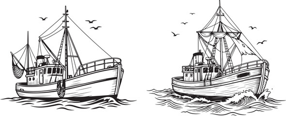 Vintage Fishing Boat Illustrations Hand-Drawn Trawler Vector