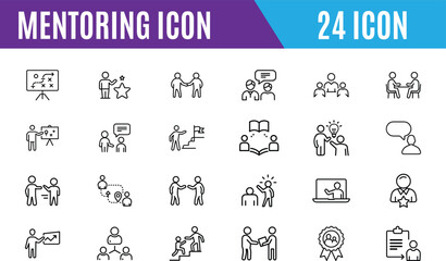 Mentoring Outline icon collection set. Containing development, learning, workshop, mentor, curriculum, seminar icon. Editable stroke