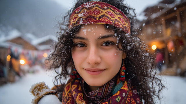 A young woman in traditional clothing smiles warmly at the camera, amidst the enchanting winter festival celebrations of &Ccedil;amlıhemşin Ayder in Turkey, surrounded by snow and festive decorations