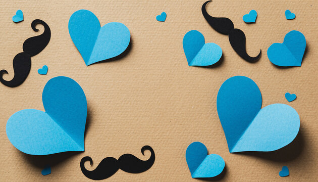 Celebration of love with blue hearts and mustaches on a brown background