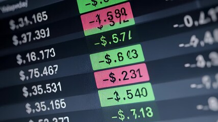 Digital stock market ticker board displaying scrolling green and red financial data numbers, illustrating economic investment trends and trading volatility - Powered by Adobe