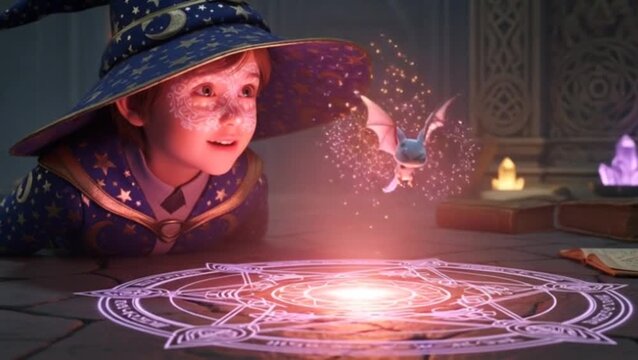 Little wizard summoning glowing mystical energy across enchanted ritual table
