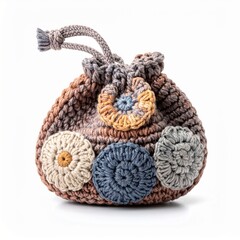 Handmade Knitted Pouch with Floral Appliqu?s on White Background