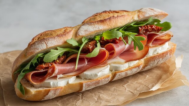 Delicious prosciutto and goat cheese baguette sandwich with fresh arugula and sun dried tomatoes served on parchment paper