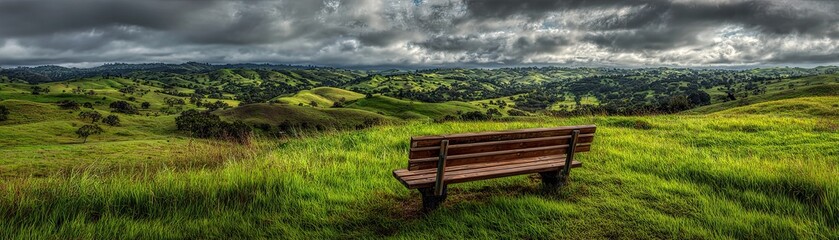 A peaceful landscape featuring a wooden bench overlooking lush green hills under a dramatic cloudy sky.