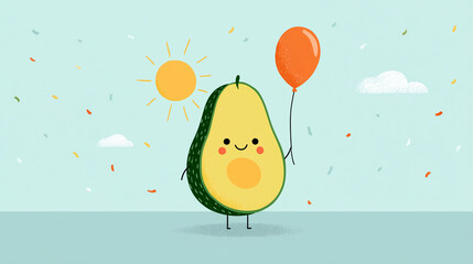 Cute cartoon avocado character holding an orange balloon against a light blue background