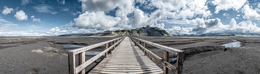 Obraz premium A scenic wooden pathway leads through a vast, open landscape under a dramatic sky, showcasing a unique blend of earth and cloud formations.